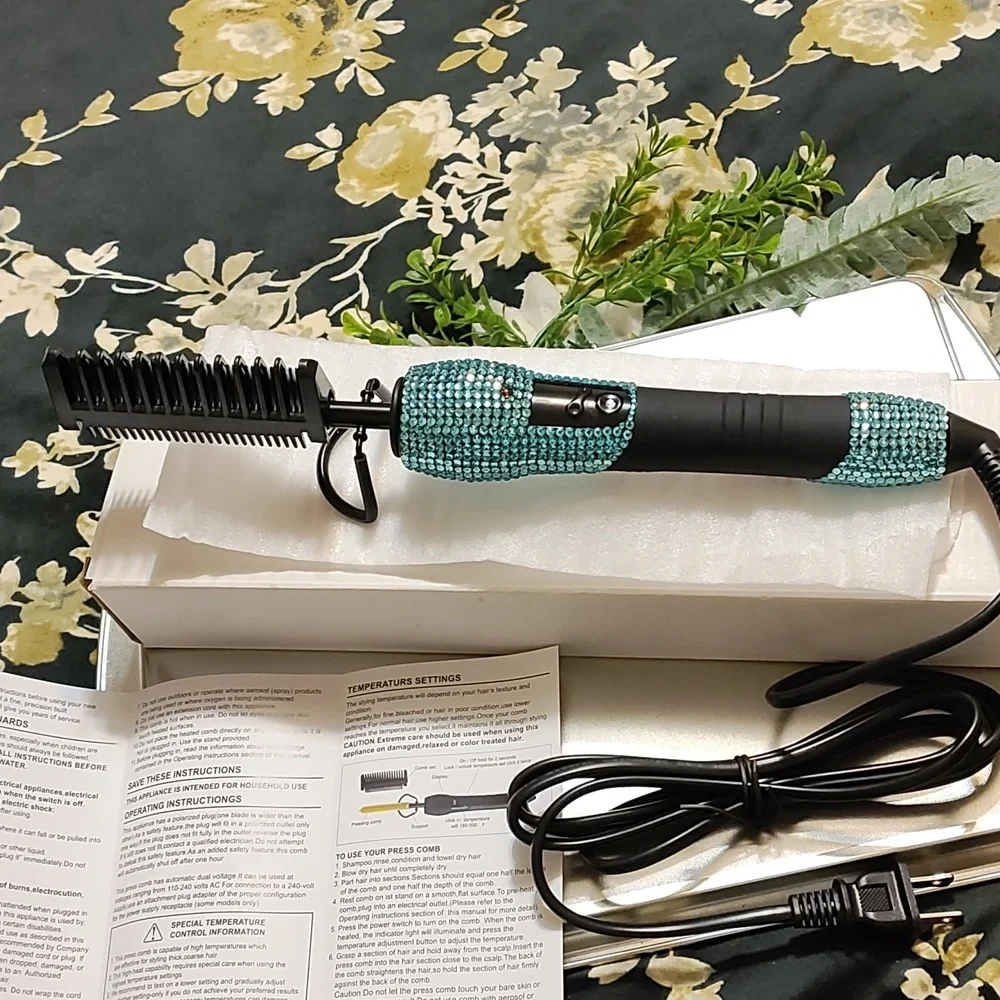Black and blue jeweled pressing comb
